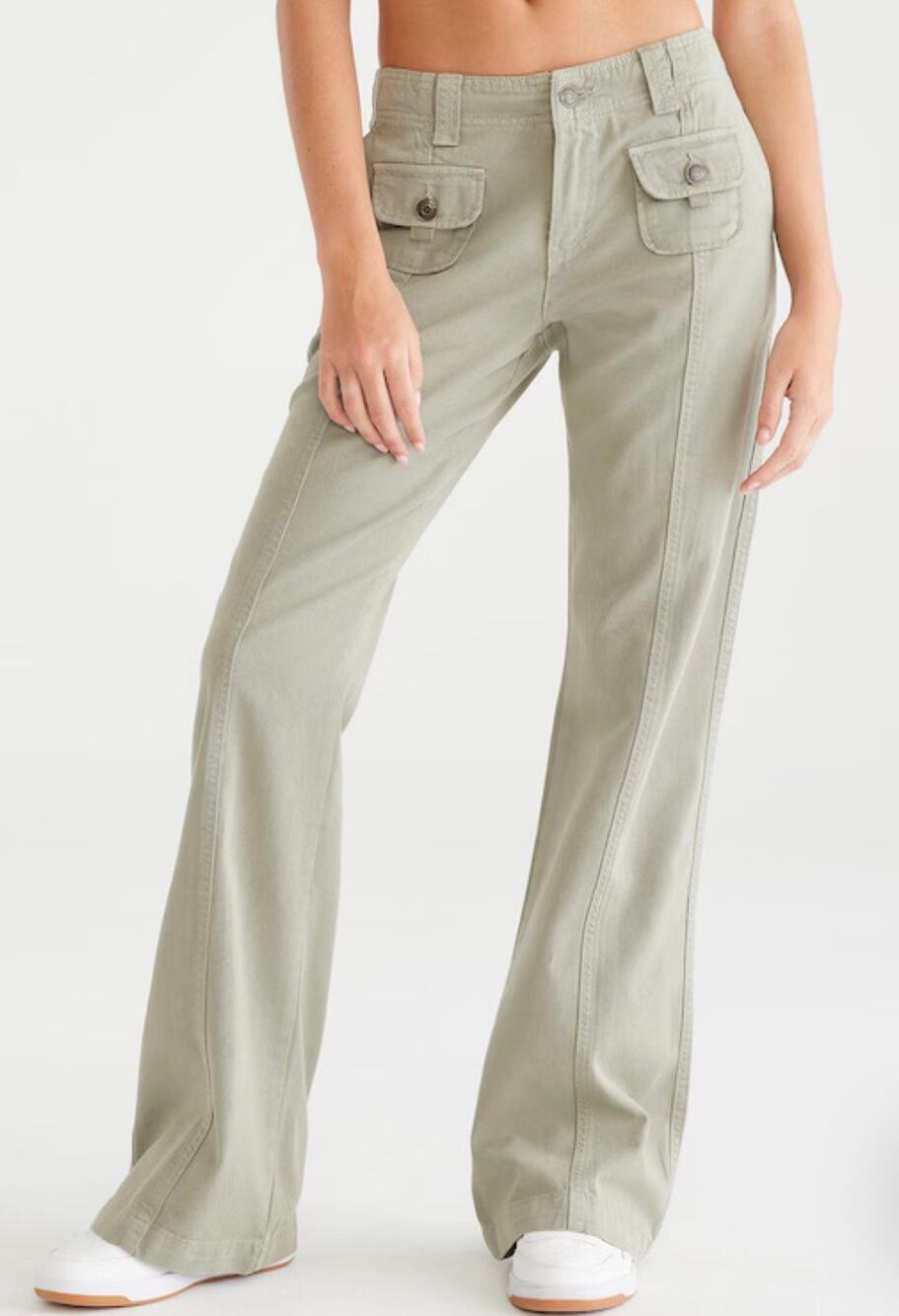 Aeropostale Flare Low-Rise Pants Utility Cargo Olive Green 4 Y2K Boho